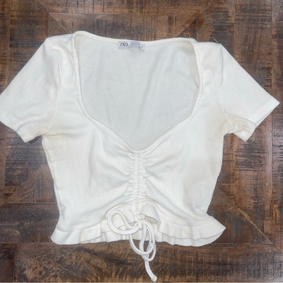 Zara White Ribbed Ruched Front Sweetheart Peplum Crop Top Women's Small S - Picture 2 of 6